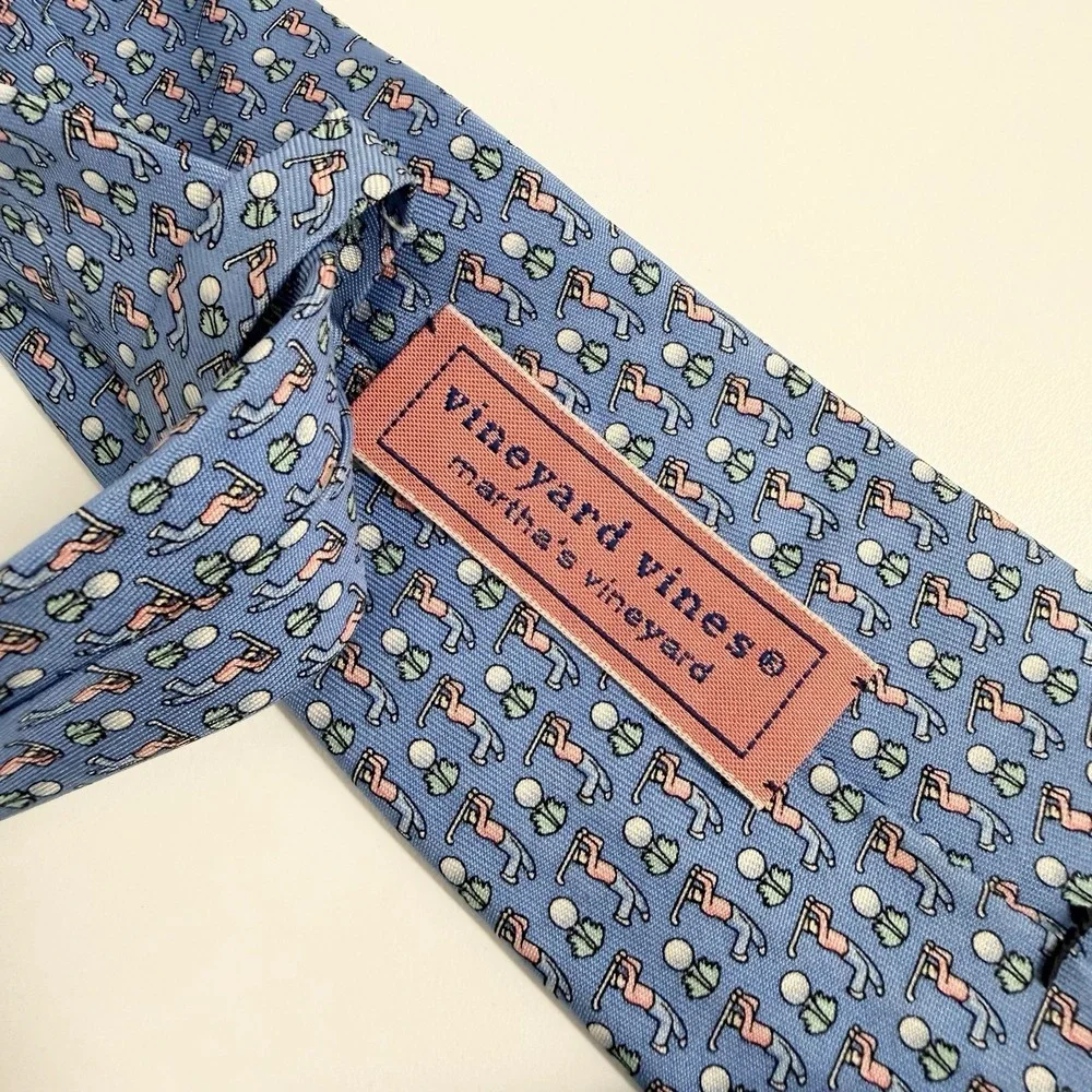 Vineyard Vines Boys Tie Golfers & Tees Blue/Pink Satin Silk USA 3 1/8